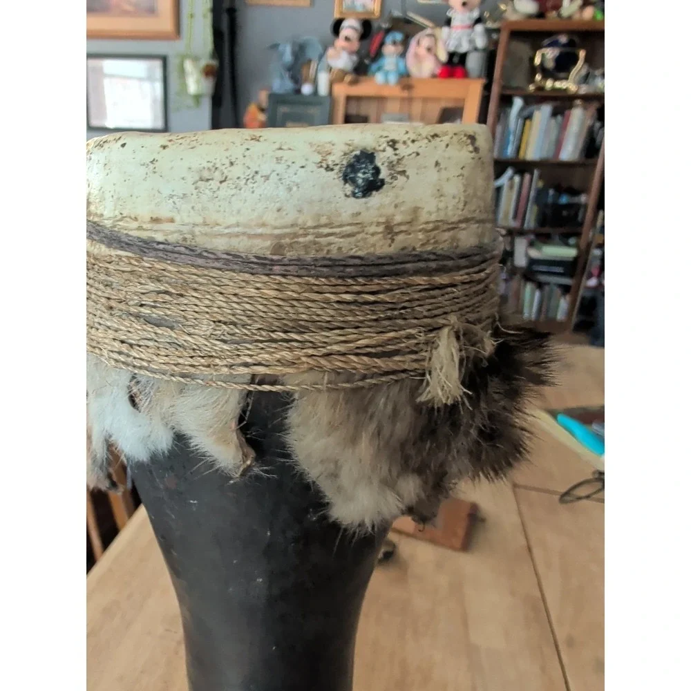Kundu Tribal New Guinea Wood Drum Fur Trim Drum Head Needs Tightening